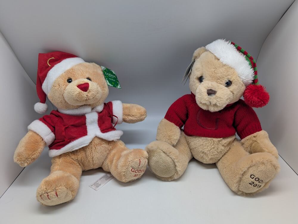 2 Godiva Christmas Holiday Stuffed Bears - NWT from 2013 and 2019 Collectible